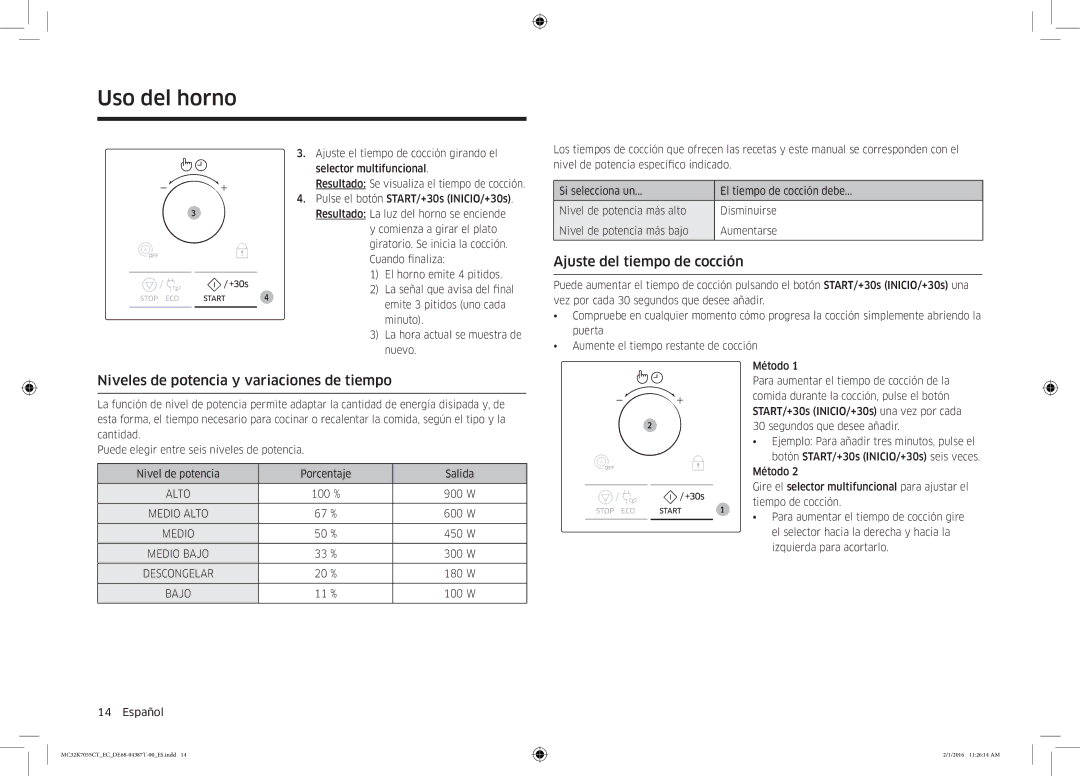 Samsung MC32K7055CT/EC manual Niveles de potencia y variaciones de tiempo, Ajuste del tiempo de cocción 