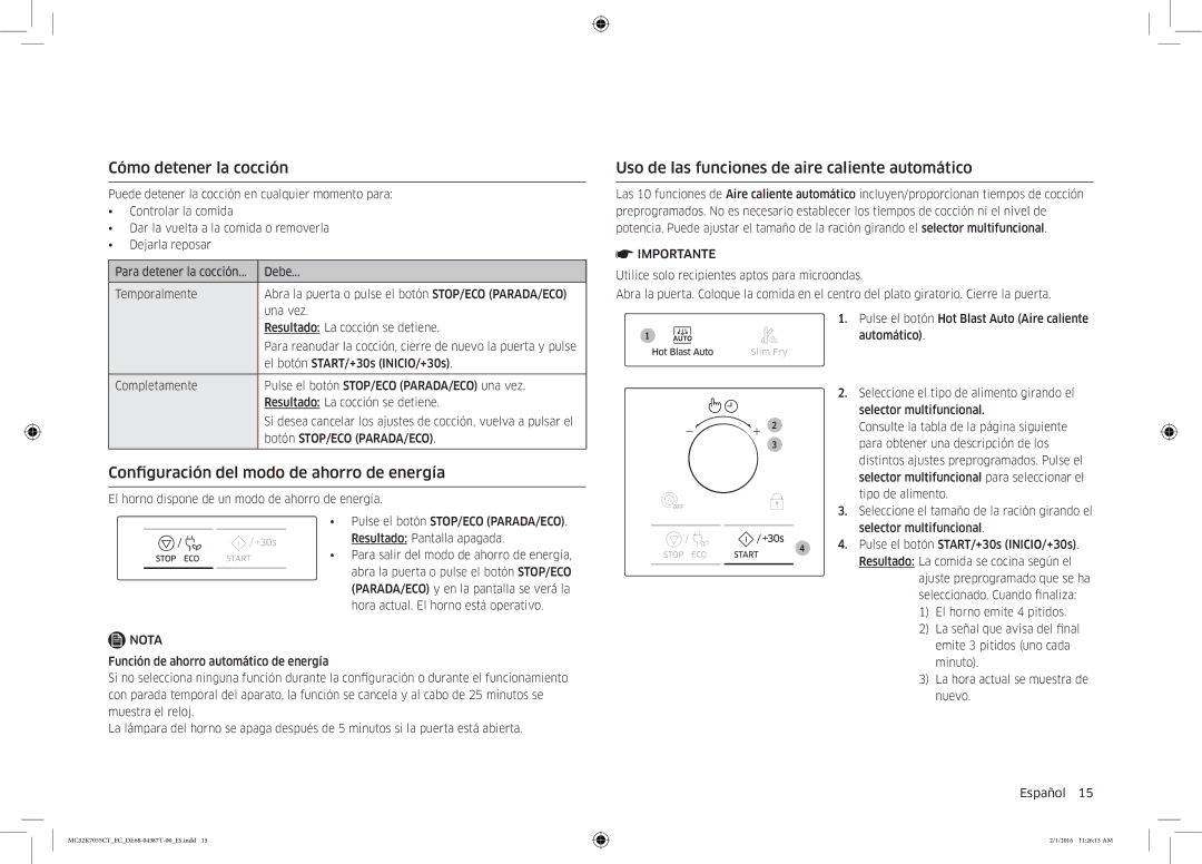 Samsung MC32K7055CT/EC Cómo detener la cocción, Configuración del modo de ahorro de energía, Seleccionado. Cuando finaliza 