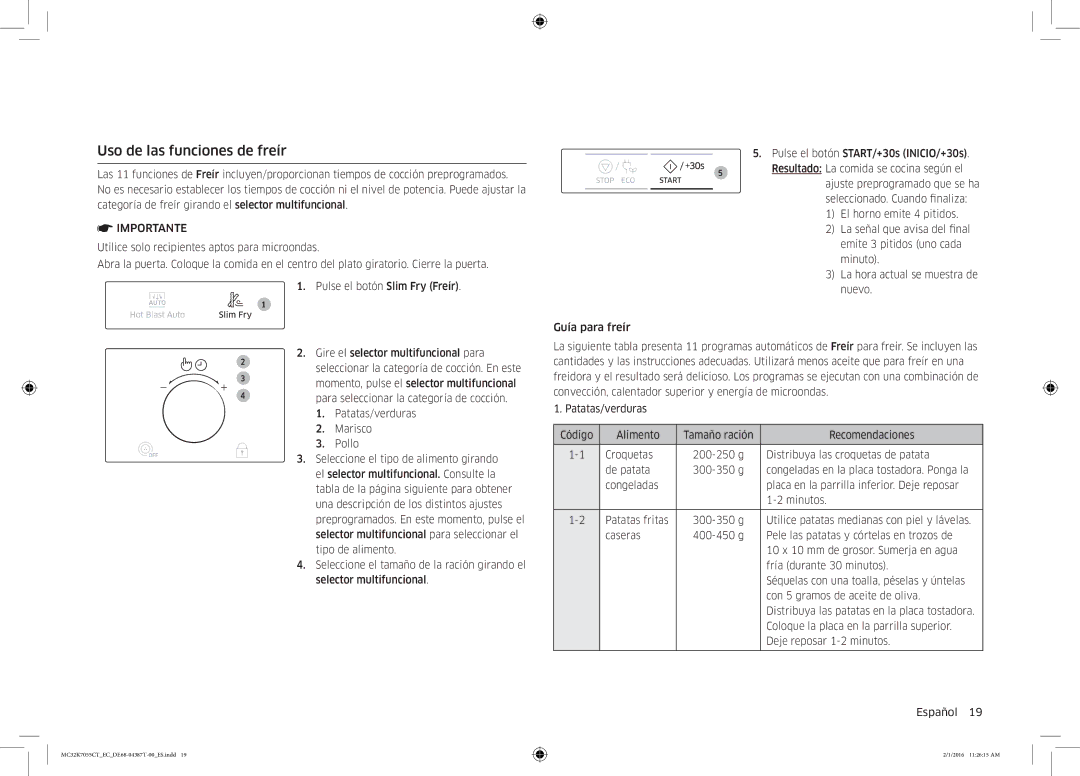 Samsung MC32K7055CT/EC manual Uso de las funciones de freír, Momento, pulse el selector multifuncional 