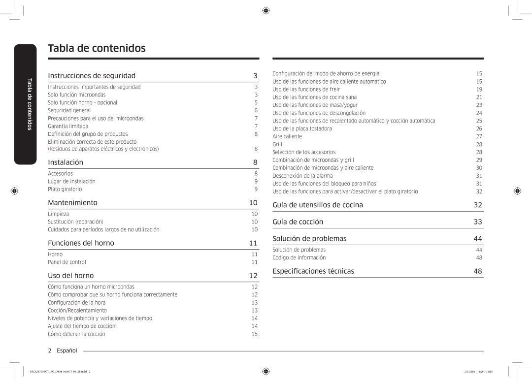 Samsung MC32K7055CT/EC manual Tabla de contenidos 