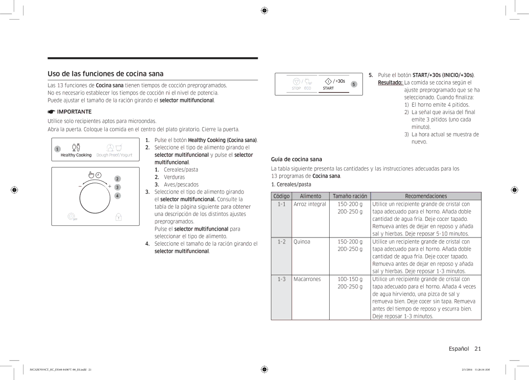 Samsung MC32K7055CT/EC manual Uso de las funciones de cocina sana, Seleccionado. Cuando finaliza 