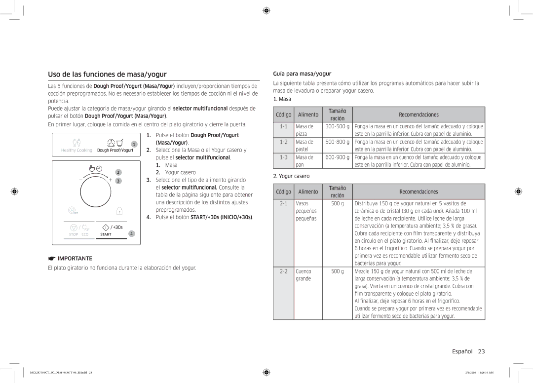 Samsung MC32K7055CT/EC manual Uso de las funciones de masa/yogur 