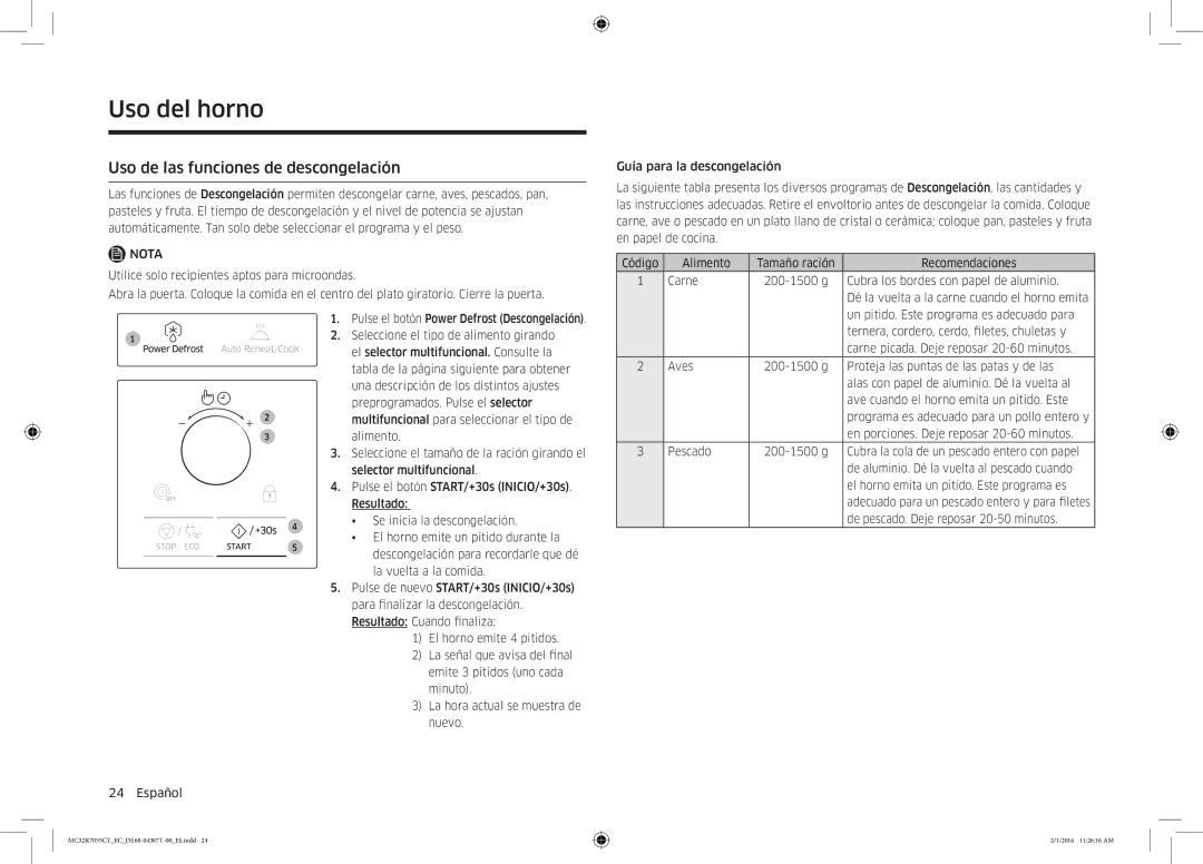 Samsung MC32K7055CT/EC manual Uso de las funciones de descongelación, Alimento Tamaño ración 