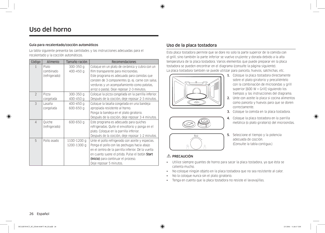 Samsung MC32K7055CT/EC manual Uso de la placa tostadora 