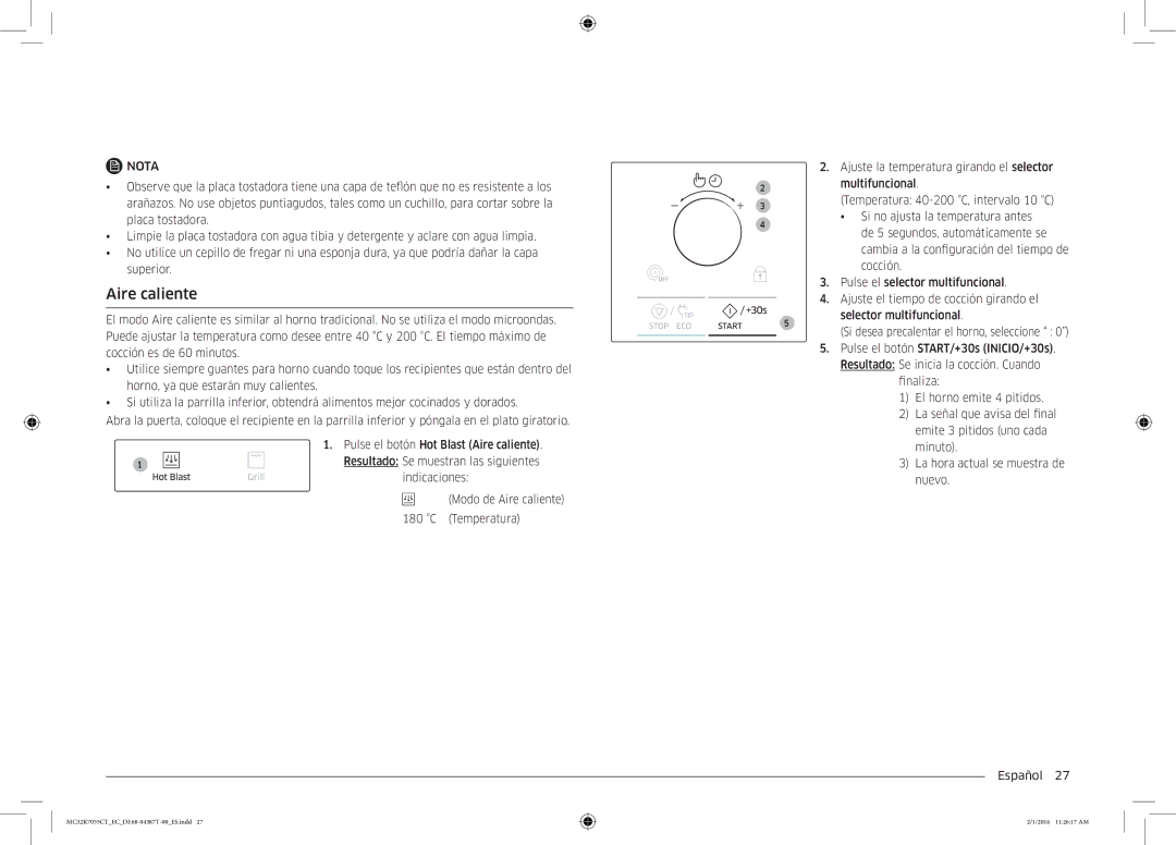 Samsung MC32K7055CT/EC manual Indicaciones Modo de Aire caliente Temperatura, La hora actual se muestra de 