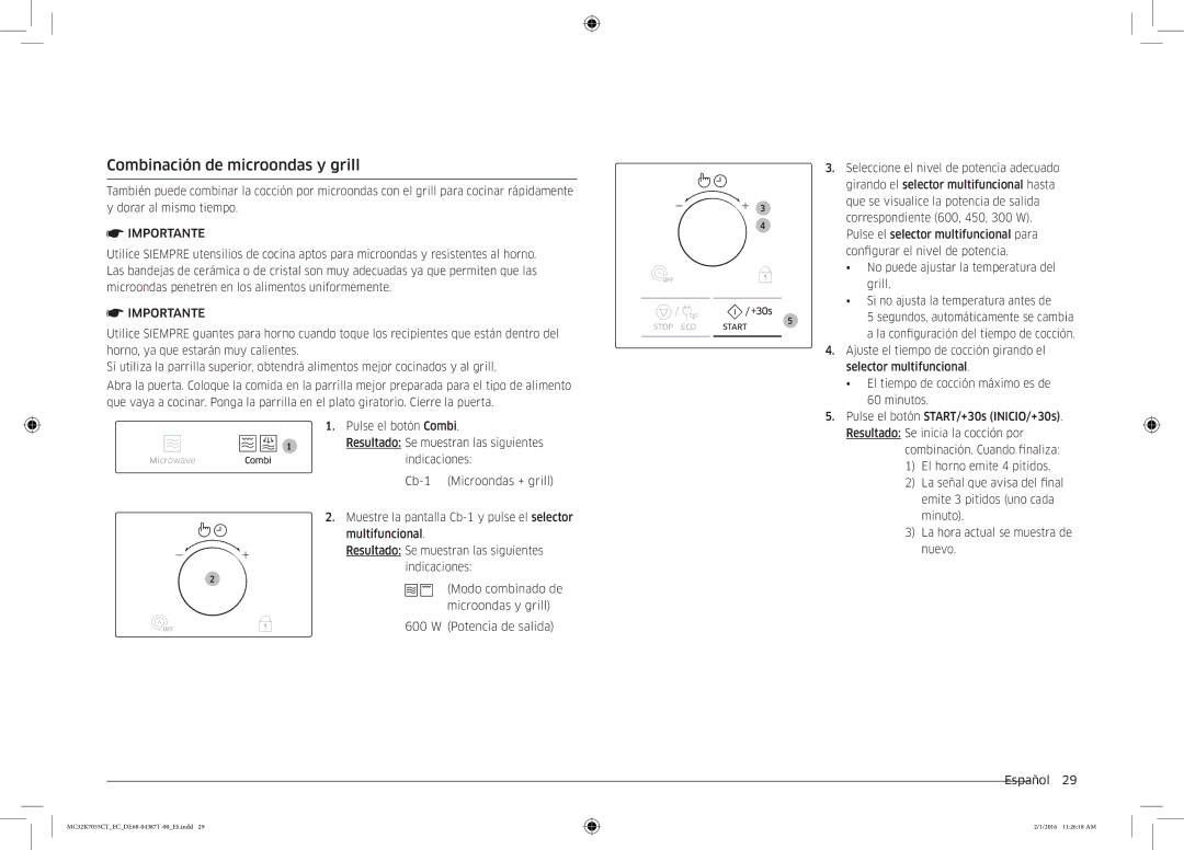 Samsung MC32K7055CT/EC manual Combinación de microondas y grill, Indicaciones, Resultado Se inicia la cocción por 