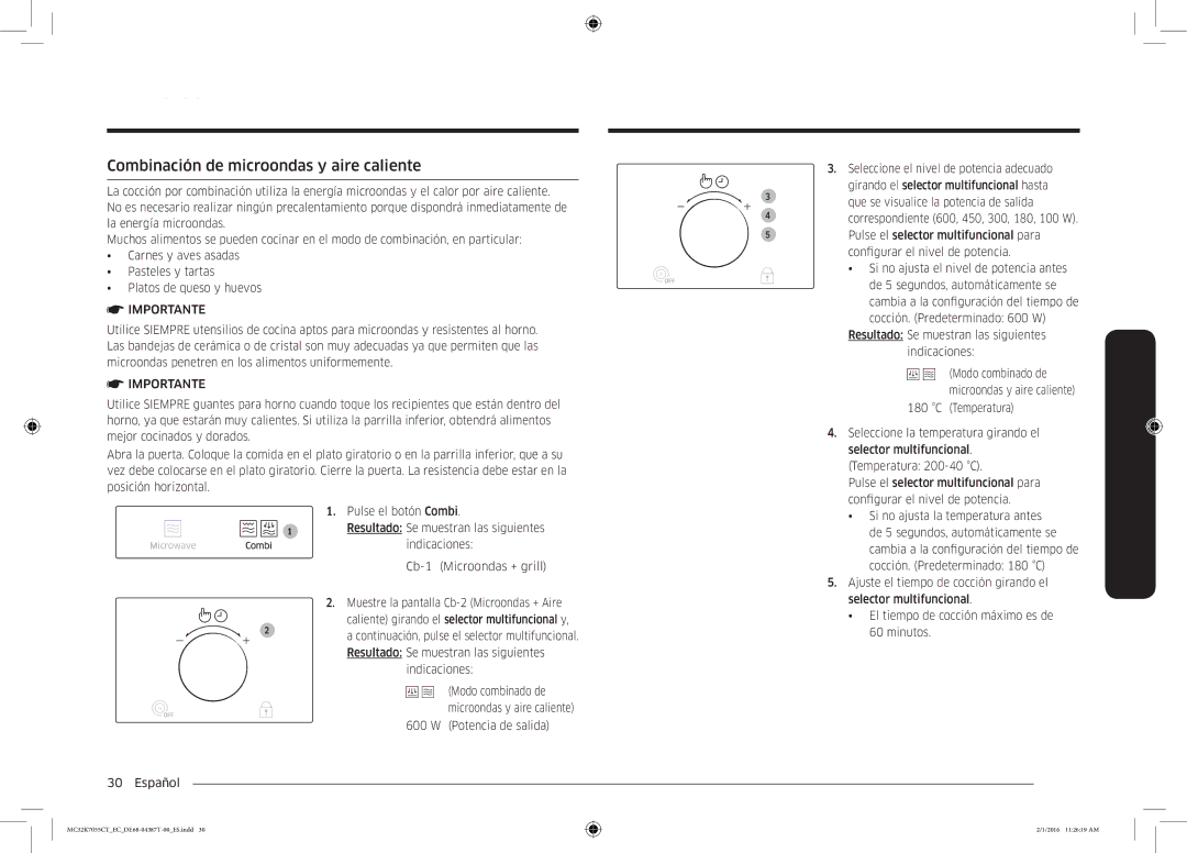 Samsung MC32K7055CT/EC manual Combinación de microondas y aire caliente 