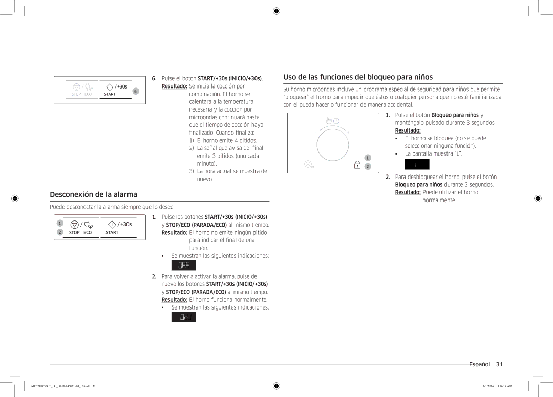 Samsung MC32K7055CT/EC manual Uso de las funciones del bloqueo para niños, Desconexión de la alarma 