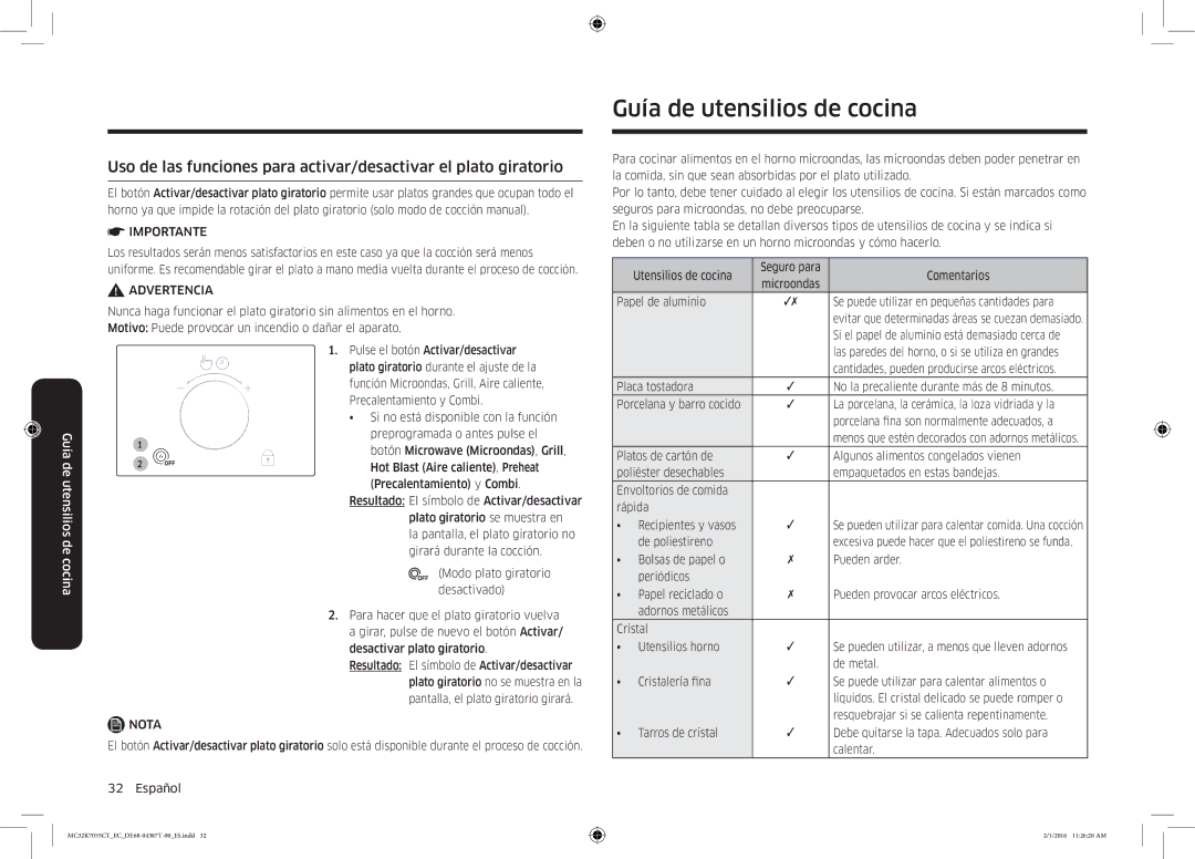 Samsung MC32K7055CT/EC manual Guía de utensilios de cocina 