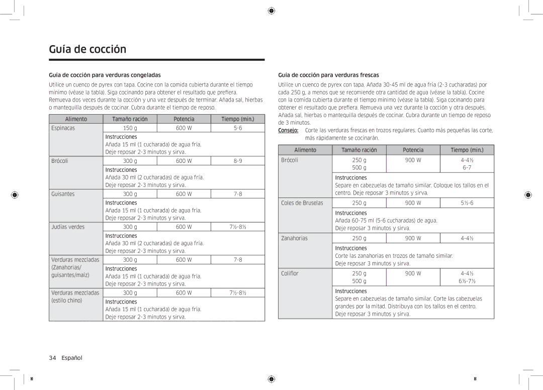 Samsung MC32K7055CT/EC manual Guía de cocción para verduras congeladas, 300 g 600 W 