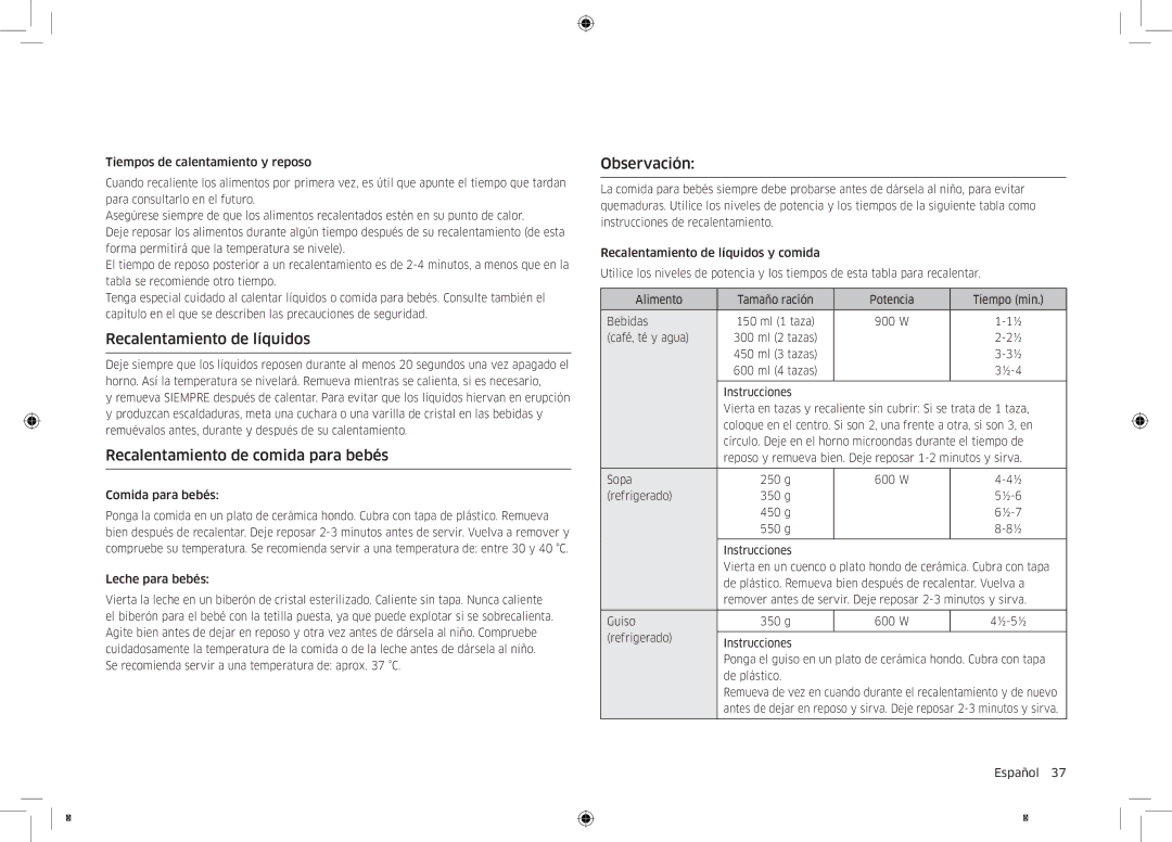 Samsung MC32K7055CT/EC manual Recalentamiento de líquidos, Recalentamiento de comida para bebés, Observación 