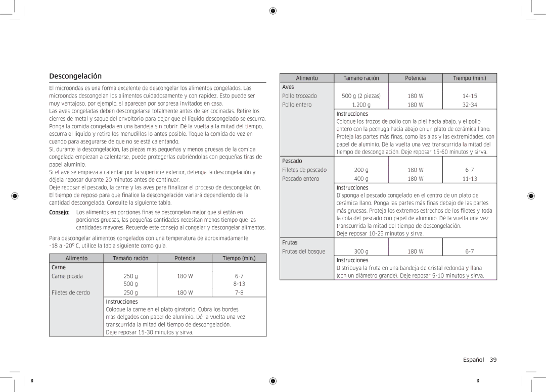 Samsung MC32K7055CT/EC manual Descongelación, 180 W 14-15 Pollo entero 200 g 32-34 Instrucciones 