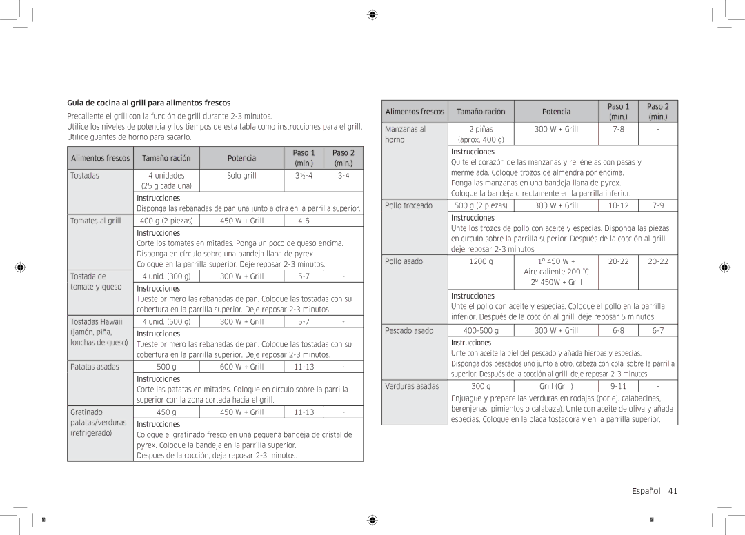 Samsung MC32K7055CT/EC manual Solo grill, Manzanas al, 300 W + Grill Horno, 20-22, Verduras asadas 300 g Grill Grill 