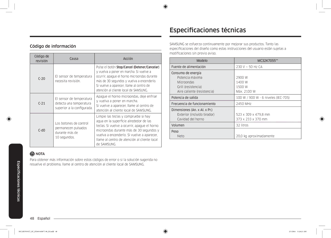 Samsung MC32K7055CT/EC manual Especificaciones técnicas, Código de información 