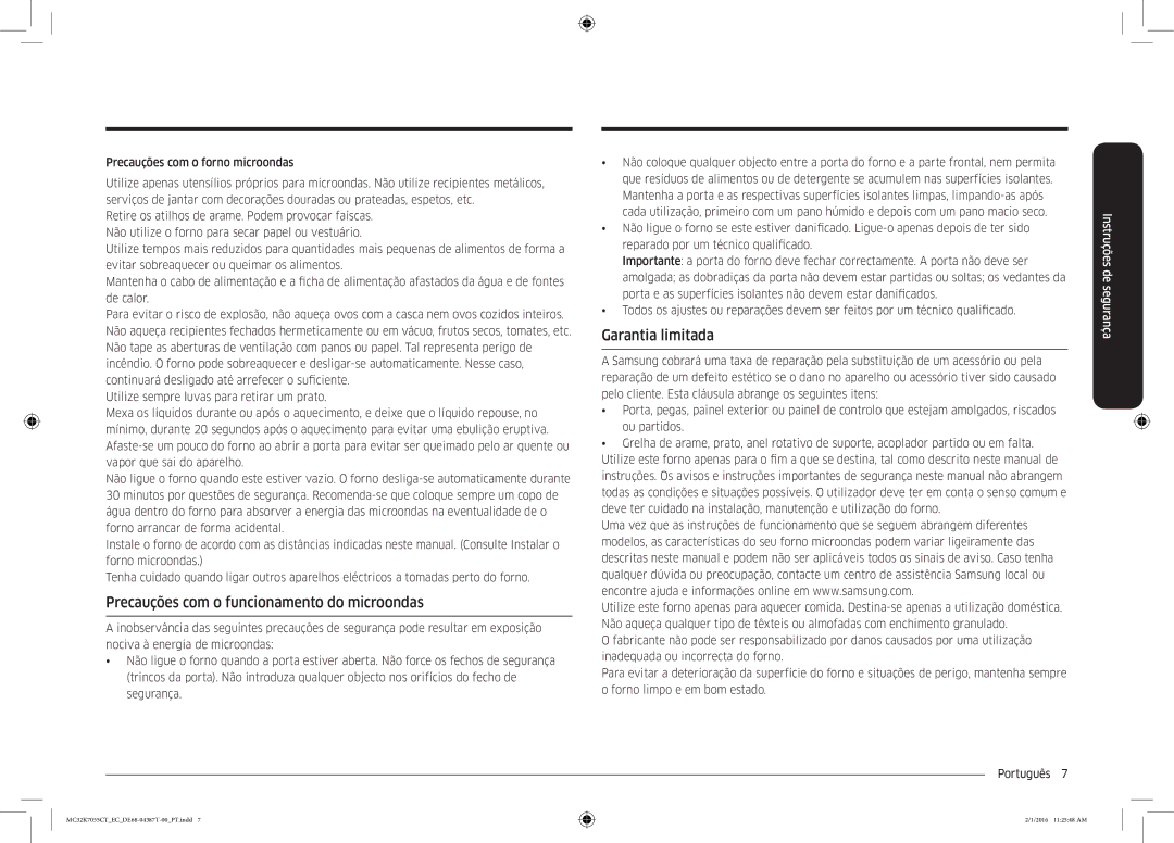 Samsung MC32K7055CT/EC Precauções com o funcionamento do microondas, Garantia limitada, Precauções com o forno microondas 