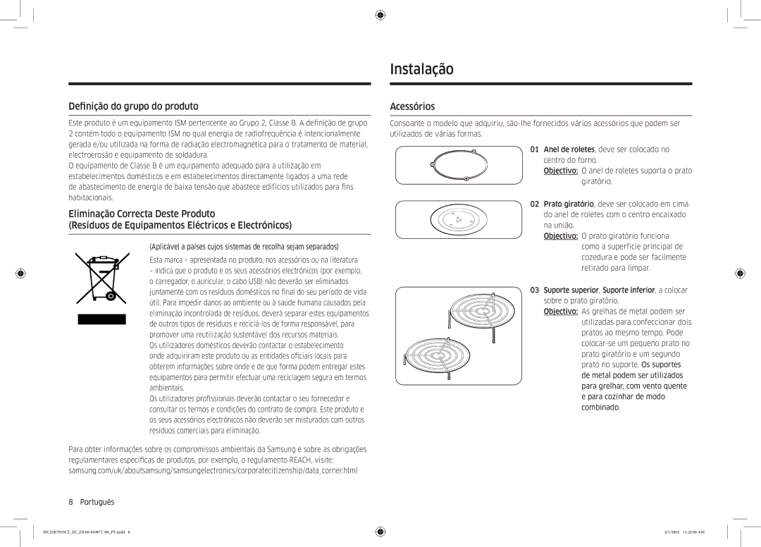 Samsung MC32K7055CT/EC manual Instalação, Definição do grupo do produto, Acessórios 