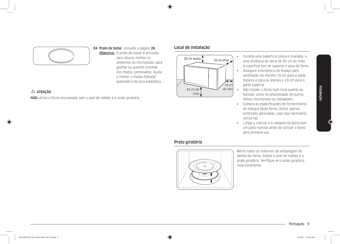 Samsung MC32K7055CT/EC manual Local de instalação, Prato giratório 