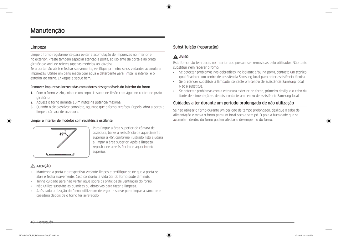 Samsung MC32K7055CT/EC manual Manutenção, Limpeza, Substituição reparação 