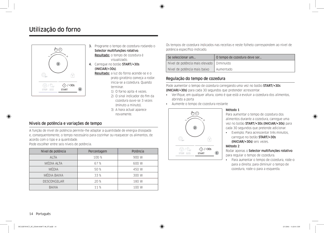 Samsung MC32K7055CT/EC manual Níveis de potência e variações de tempo, Regulação do tempo de cozedura 