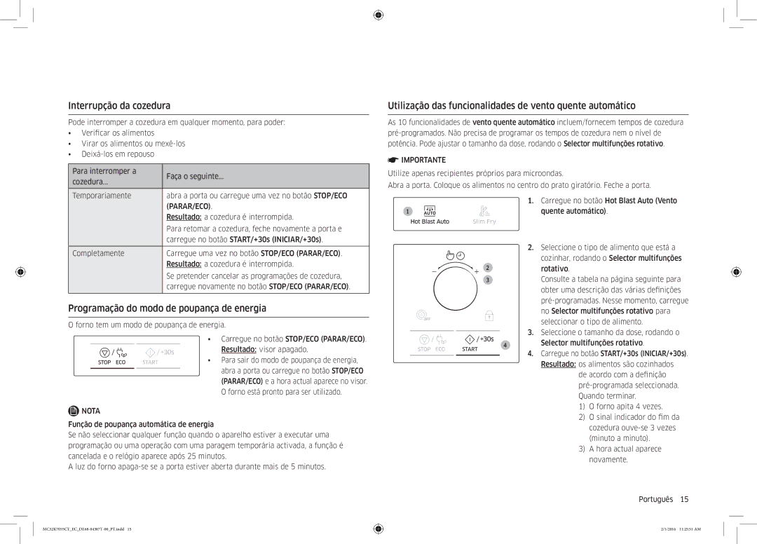 Samsung MC32K7055CT/EC manual Interrupção da cozedura, Programação do modo de poupança de energia 