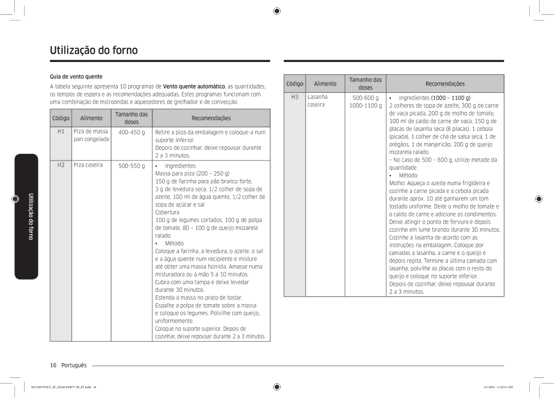 Samsung MC32K7055CT/EC manual Guia de vento quente, Português Código Alimento Tamanho das Recomendações 