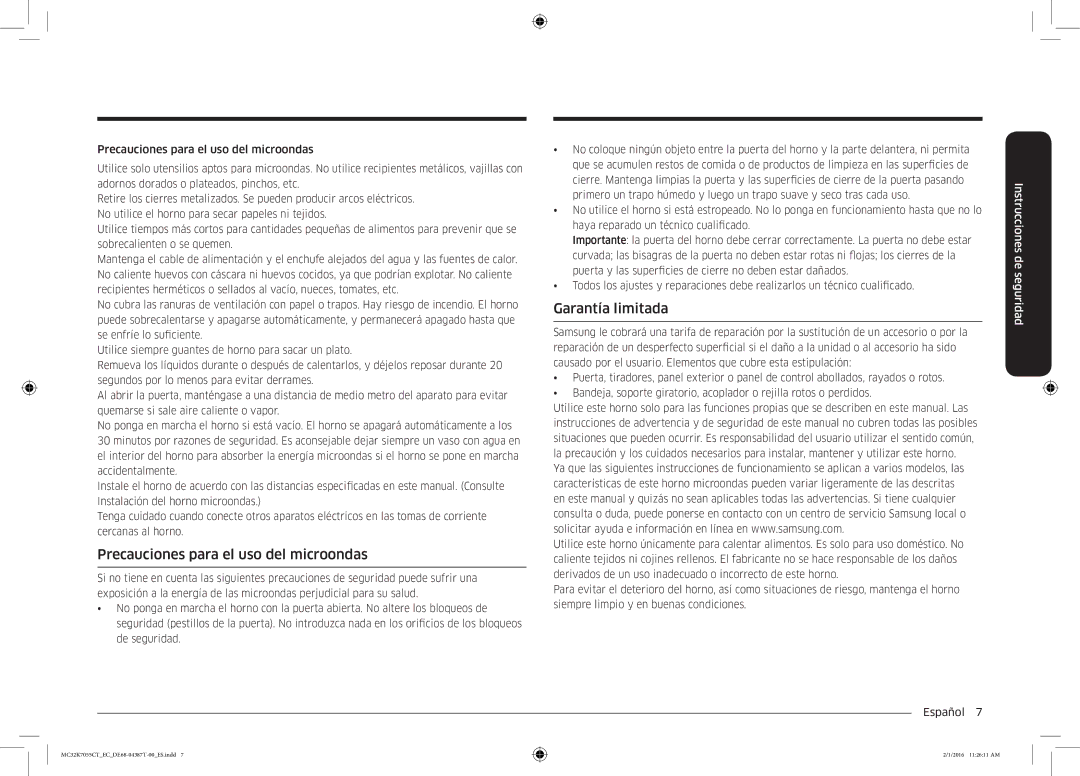 Samsung MC32K7055CT/EC manual Precauciones para el uso del microondas, Garantía limitada 