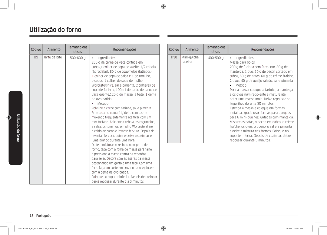 Samsung MC32K7055CT/EC manual H10 Mini-quiche 400-500 g Ingredientes, Massa para bolos, De farinha sem fermento, 80 g de 