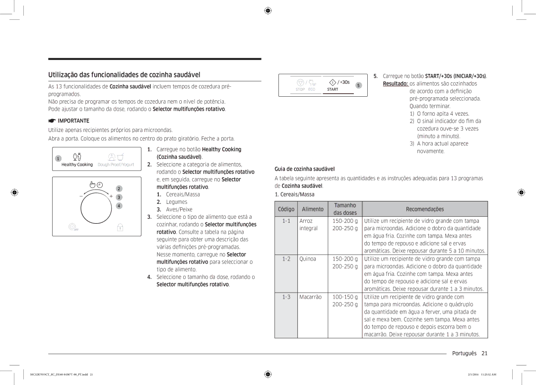 Samsung MC32K7055CT/EC manual Utilização das funcionalidades de cozinha saudável, Quando terminar 