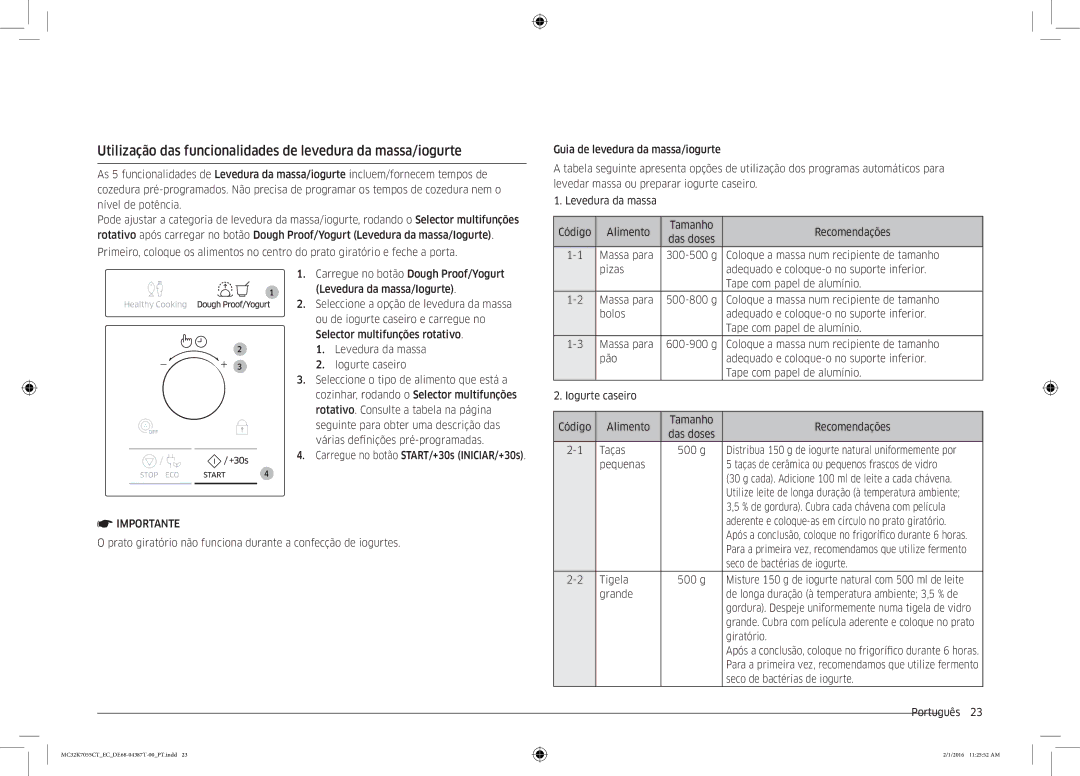 Samsung MC32K7055CT/EC manual Utilização das funcionalidades de levedura da massa/iogurte 