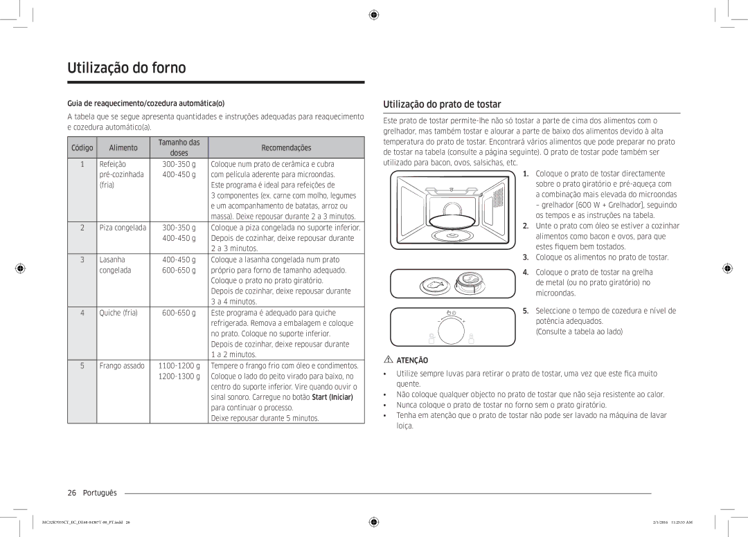 Samsung MC32K7055CT/EC manual Utilização do prato de tostar 