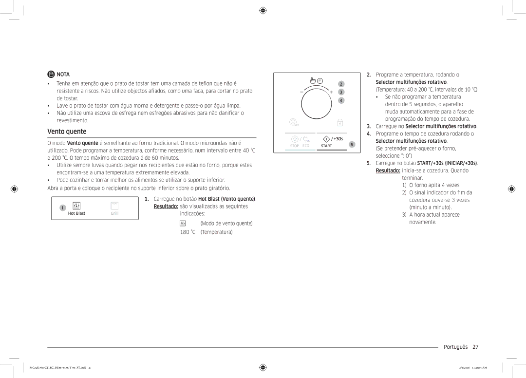 Samsung MC32K7055CT/EC manual Vento quente, Indicações Modo de vento quente Temperatura 