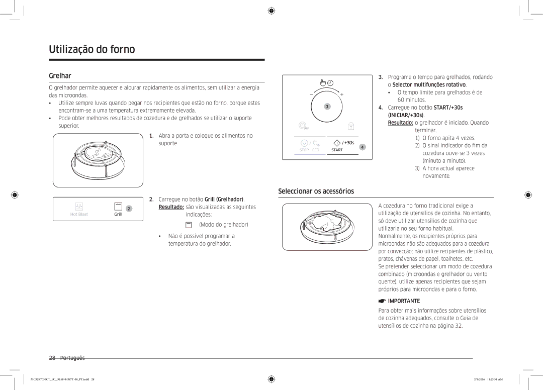 Samsung MC32K7055CT/EC manual Grelhar, Seleccionar os acessórios 