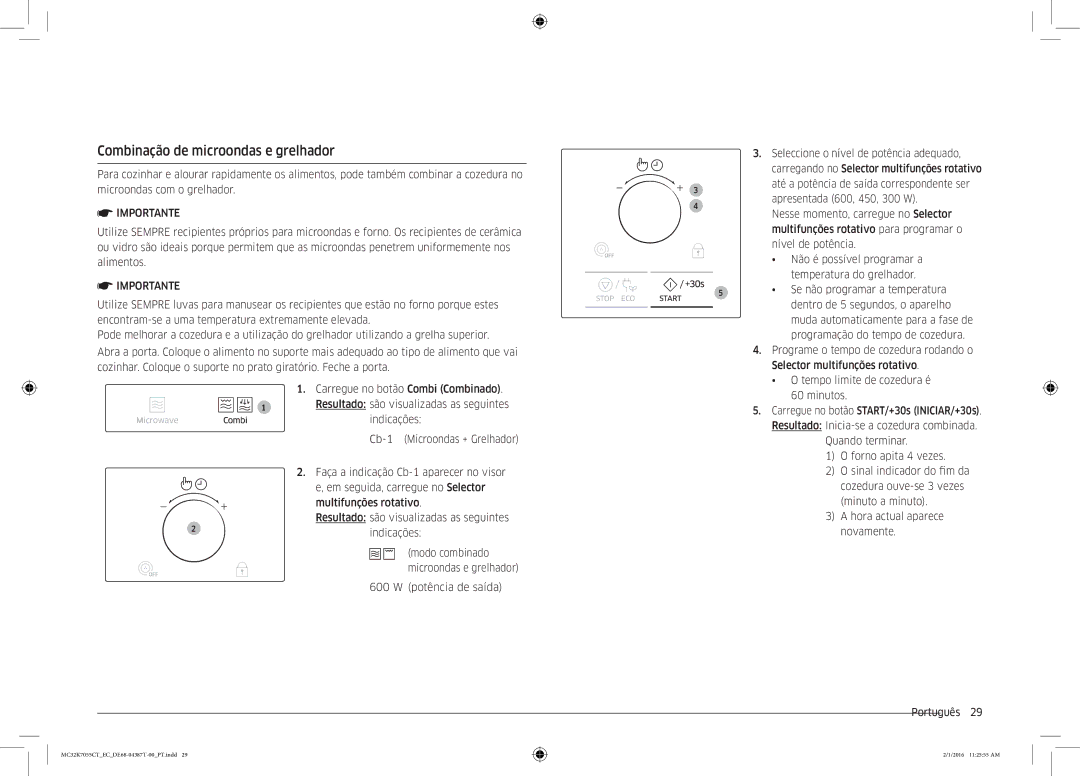 Samsung MC32K7055CT/EC manual Combinação de microondas e grelhador 