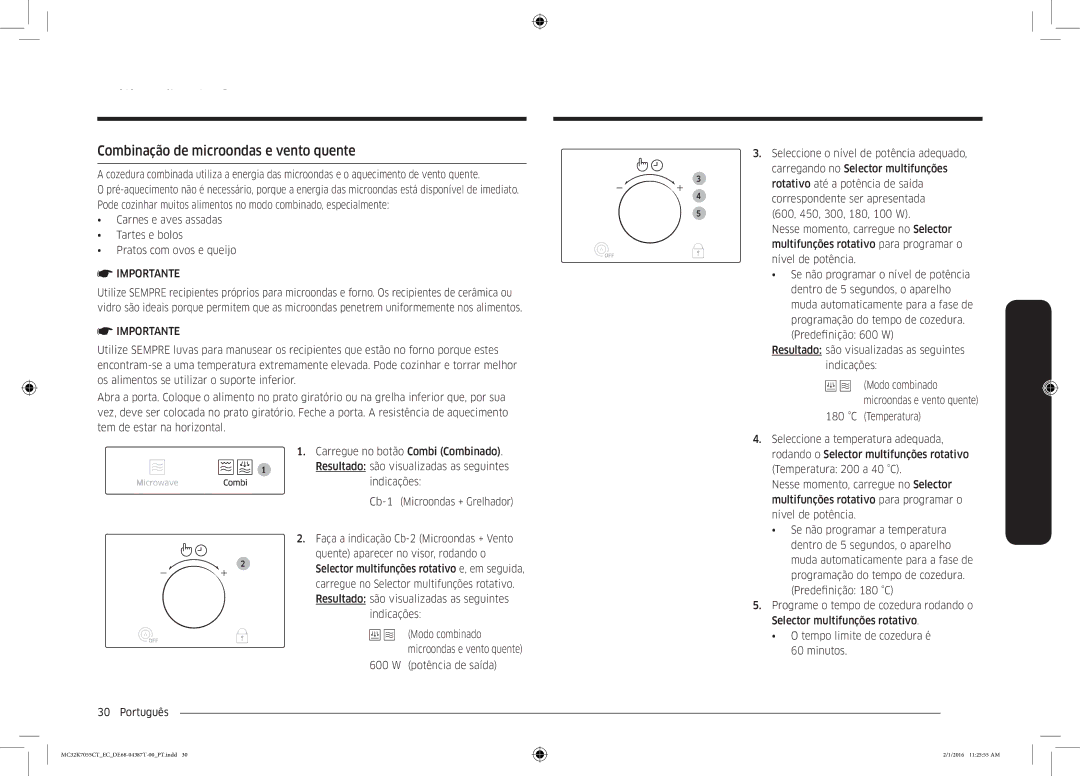 Samsung MC32K7055CT/EC manual Combinação de microondas e vento quente 