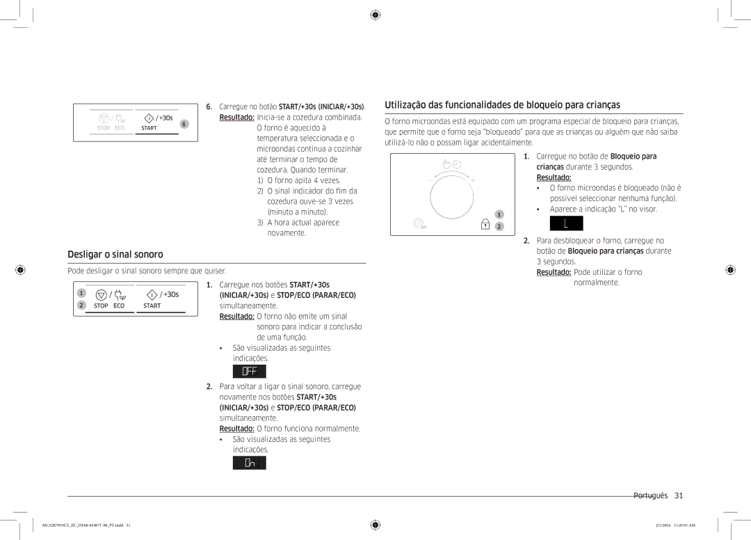 Samsung MC32K7055CT/EC Utilização das funcionalidades de bloqueio para crianças, Desligar o sinal sonoro, Simultaneamente 