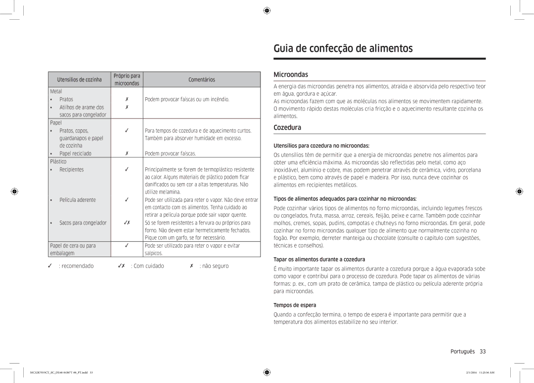 Samsung MC32K7055CT/EC Guia de confecção de alimentos, Cozedura, Papel Pratos, copos, Utilize melamina Película aderente 