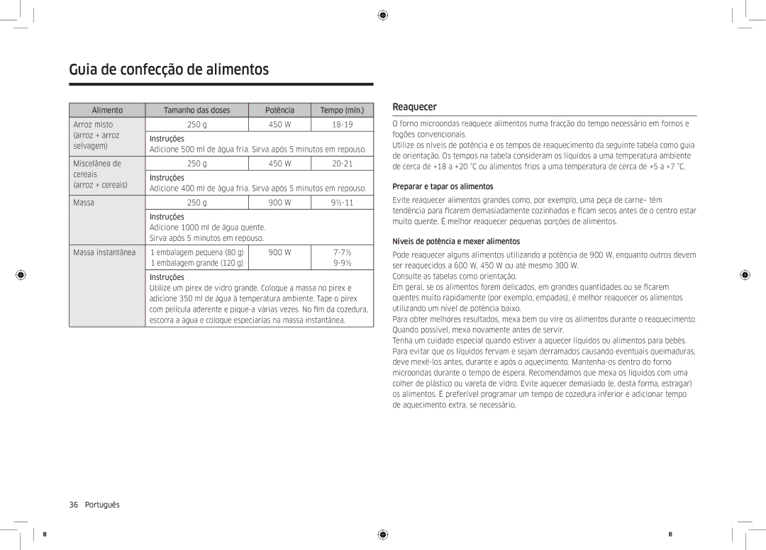 Samsung MC32K7055CT/EC manual Reaquecer, Instruções Adicione 1000 ml de água quente, Massa instantânea, Da cozedura 