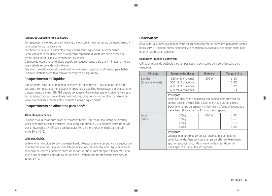 Samsung MC32K7055CT/EC Reaquecimento de líquidos, Reaquecimento de alimentos para bebés, Observação, W Café, chá e água 