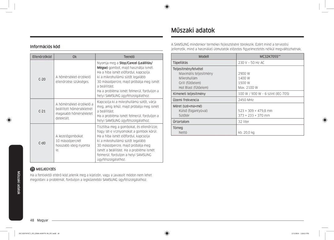 Samsung MC32K7055CT/EO manual Műszaki adatok, Információs kód 