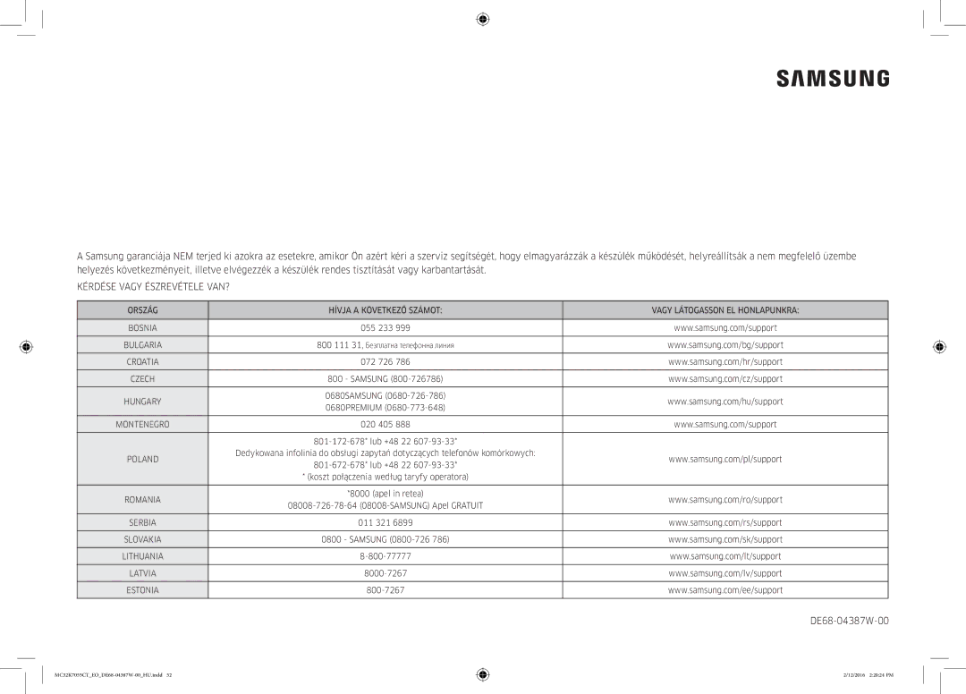 Samsung MC32K7055CT/EO manual Kérdése Vagy Észrevétele VAN?, DE68-04387W-00 