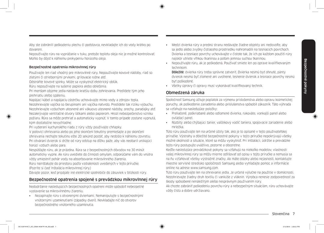 Samsung MC32K7055CT/EO manual Bezpečnostné opatrenia spojené s prevádzkou mikrovlnnej rúry, Obmedzená záruka 