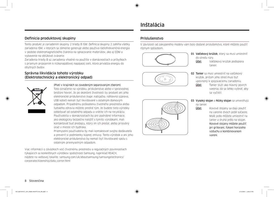 Samsung MC32K7055CT/EO manual Inštalácia, Definícia produktovej skupiny, Príslušenstvo 