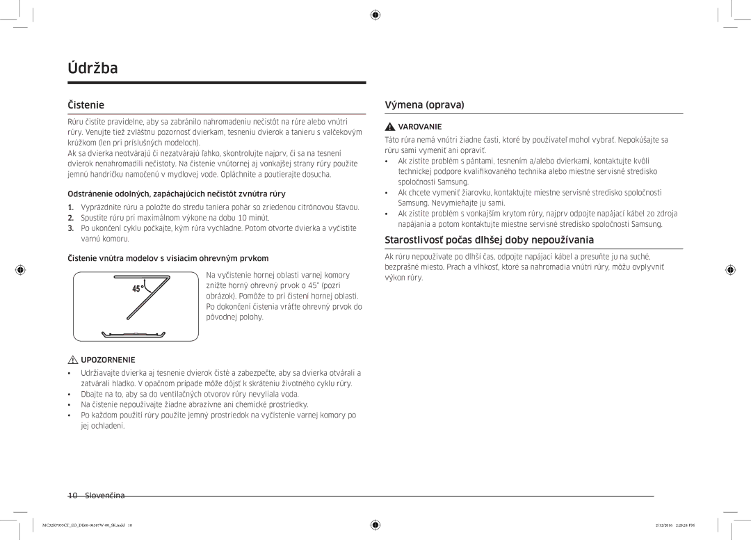 Samsung MC32K7055CT/EO manual Údržba, Čistenie, Výmena oprava, Starostlivosť počas dlhšej doby nepoužívania, Varovanie 