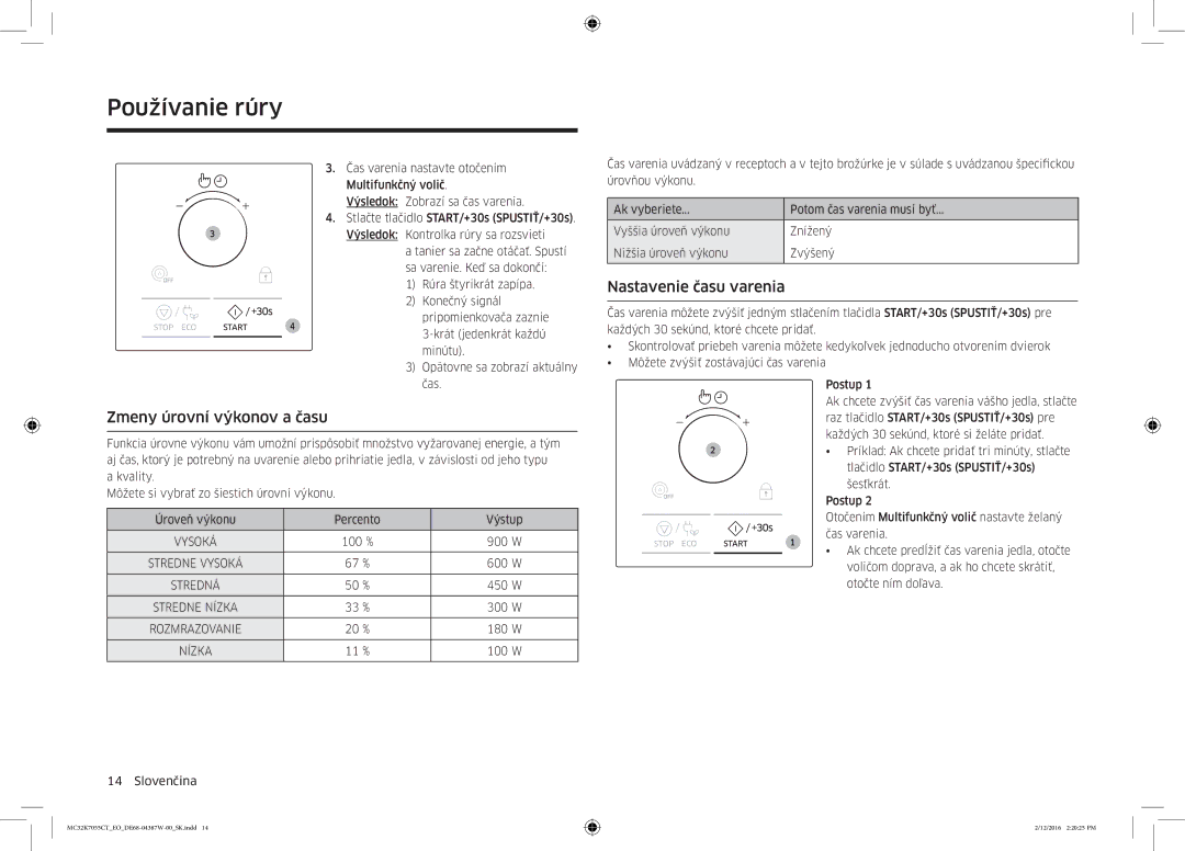 Samsung MC32K7055CT/EO manual Zmeny úrovní výkonov a času, Nastavenie času varenia 