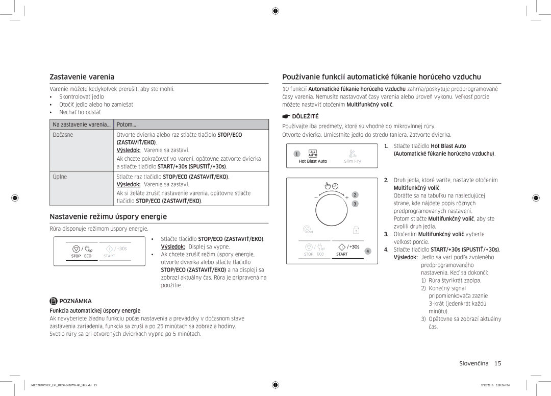 Samsung MC32K7055CT/EO manual Zastavenie varenia, Nastavenie režimu úspory energie, Zastaviť/Eko 