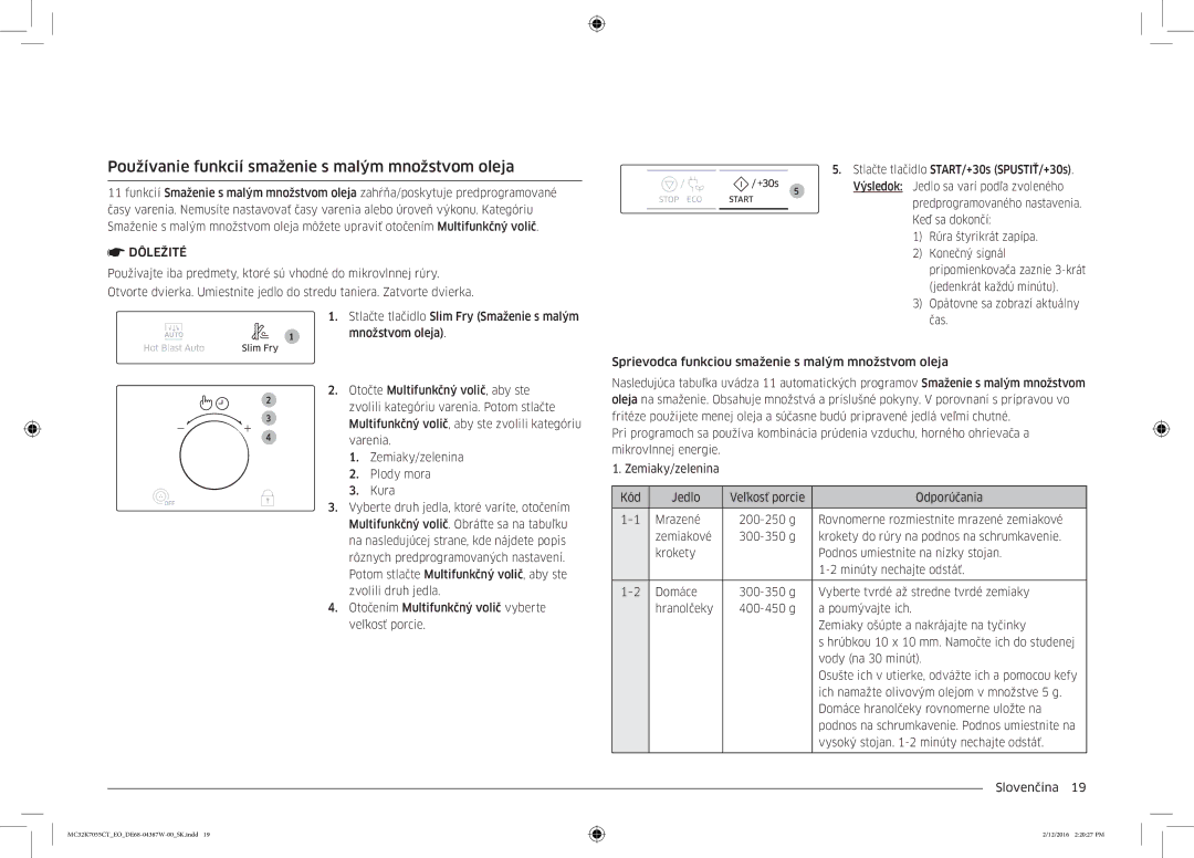 Samsung MC32K7055CT/EO manual Používanie funkcií smaženie s malým množstvom oleja, Dôležité 