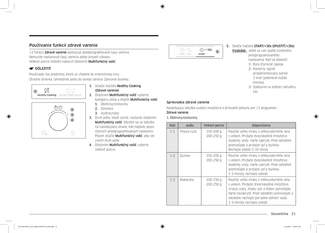 Samsung MC32K7055CT/EO manual Používanie funkcií zdravé varenie 