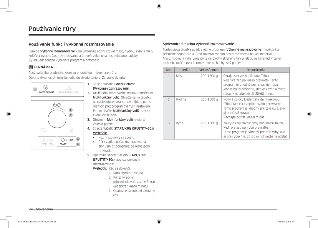 Samsung MC32K7055CT/EO manual Používanie funkcií výkonné rozmrazovanie, Poznámka 