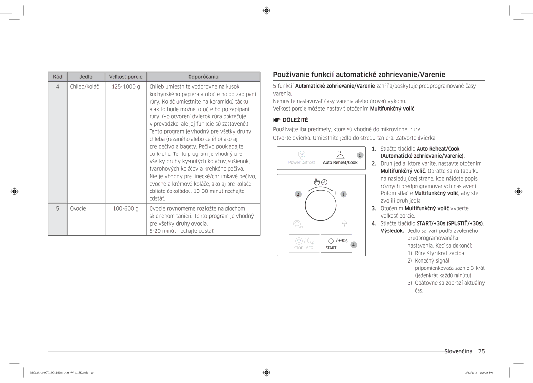 Samsung MC32K7055CT/EO Používanie funkcií automatické zohrievanie/Varenie, Opätovne sa zobrazí aktuálny čas Slovenčina  