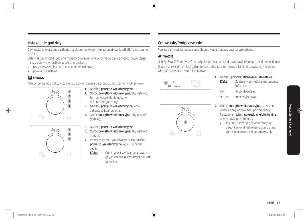 Samsung MC32K7055CT/EO manual Ustawianie godziny, Gotowanie/Podgrzewanie 